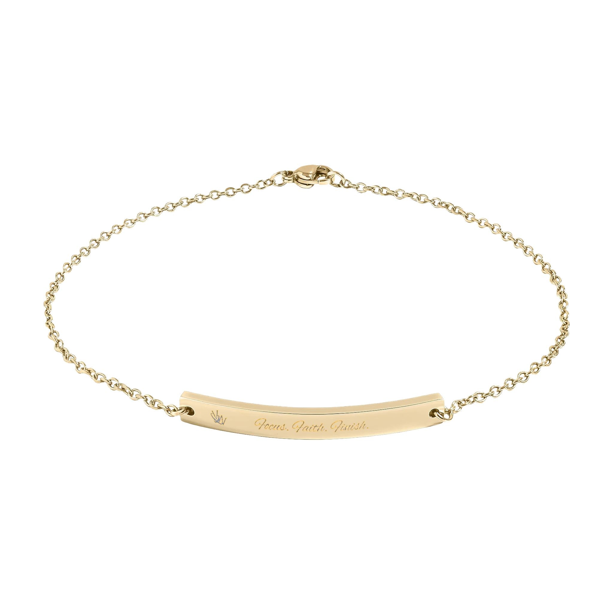 Gold bracelet with engraved message on a white background